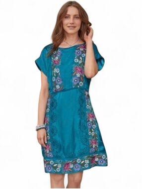 SUNDANCE Malika Crinkle Embroidered Cupro Dress - XL